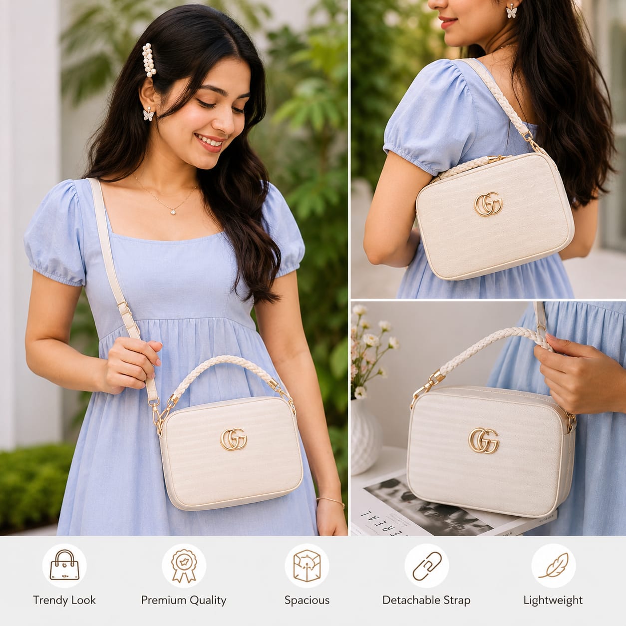 Korean Style White Side Bag with Detachable Sling Strap