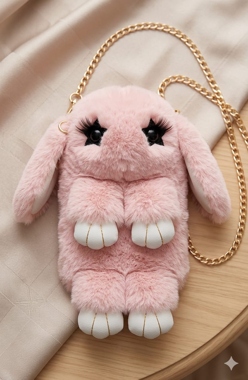 Kawaii Fluffy Bunny Shoulder Bag – Cute Pink Rabbit Mini Crossbody with 3D Lashes