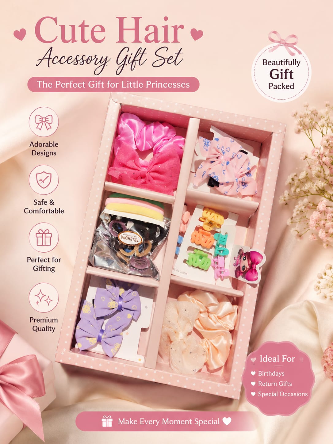 Cute Hair Accessory Gift Set for Girls & Kids     (Cute Hair Accessory Gift Set for Little Princesses – Multi-Piece Combo Box with Satin Scrunchies, Hair Bows, Mini Claw Clips & Elastic Bands)