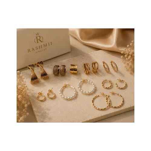 Set of 9 Pairs Gold-Tone Earrings for Women | Stylish & Elegant Earrings Collection